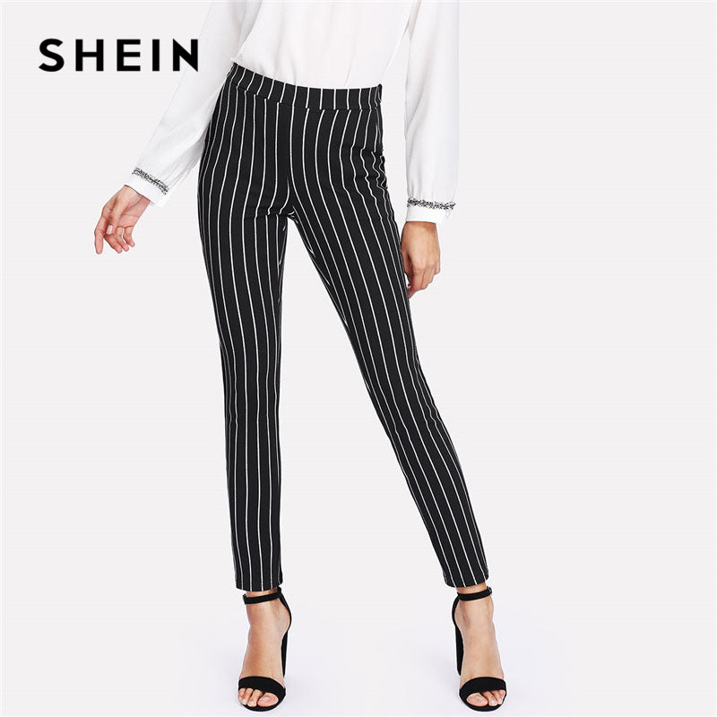 SHEIN Vertical Striped Skinny Pants Women Elastic Waist Pocket OL Style Work Trousers 2018 Spring Mid Waist Long Pencil Pants - YuppyCollections