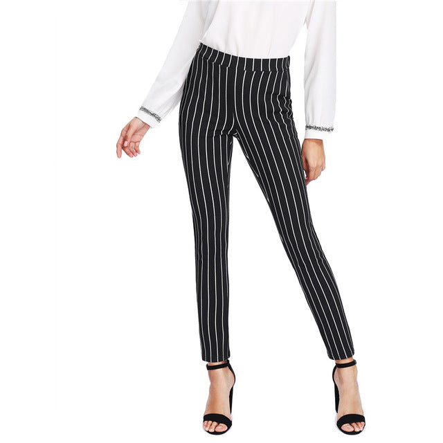 SHEIN Vertical Striped Skinny Pants Women Elastic Waist Pocket OL Style Work Trousers 2018 Spring Mid Waist Long Pencil Pants - YuppyCollections