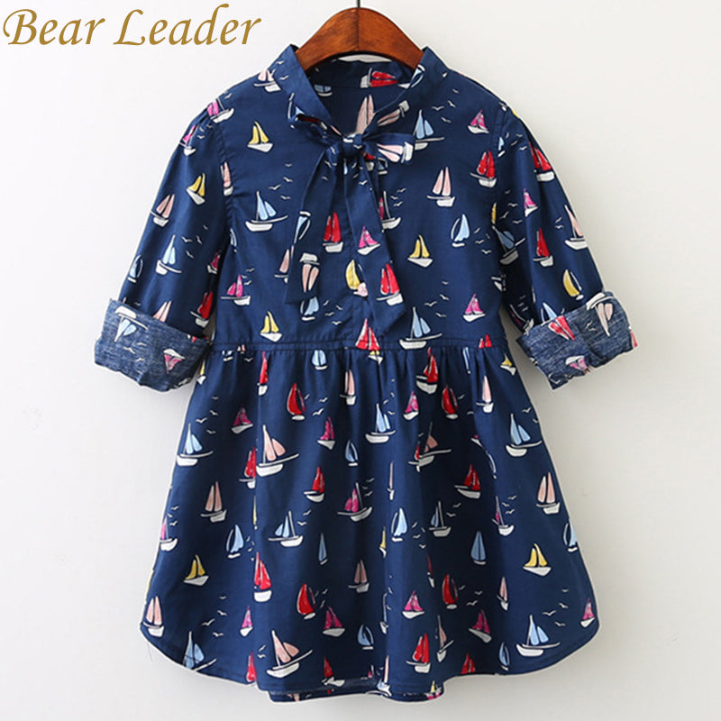 Bear Leader Girls Dress 2018 New Spring Baby Girls Full Sailboat Print Ribbon Bow Kids Children Clothing Dress For 3-7 Years - YuppyCollections