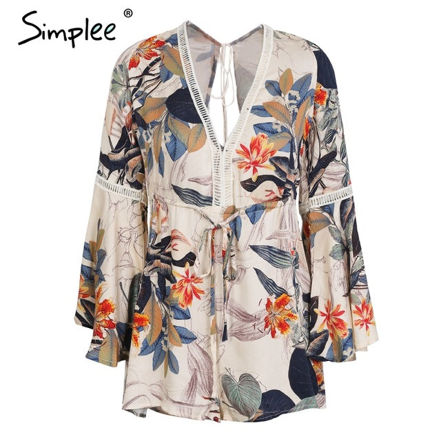 Simplee Lace up floral print women jumpsuit romper Sexy hollow out short overalls Spring casual flare sleeve playsuit 2018 - YuppyCollections