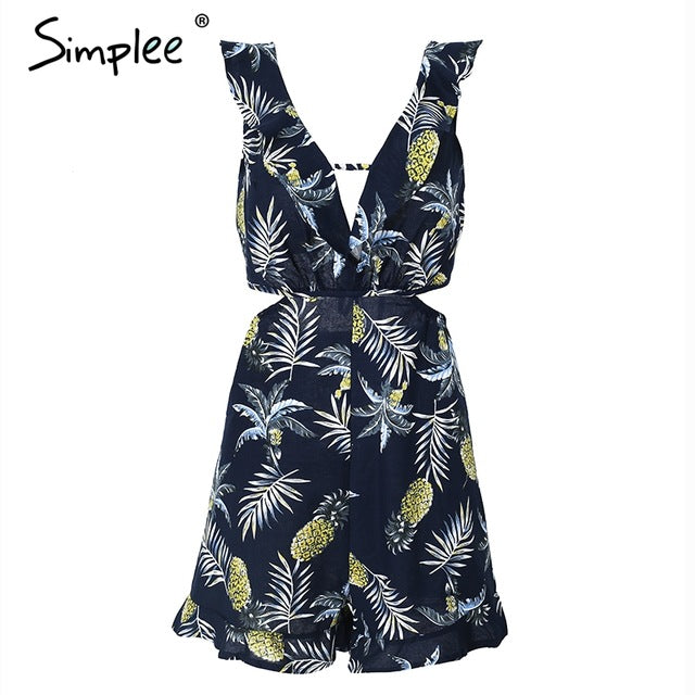 Simplee Hollow out women jumpsuit summer Backless lace up sexy romper Ruffle v neck beach playsuit female short overalls 2018 - YuppyCollections