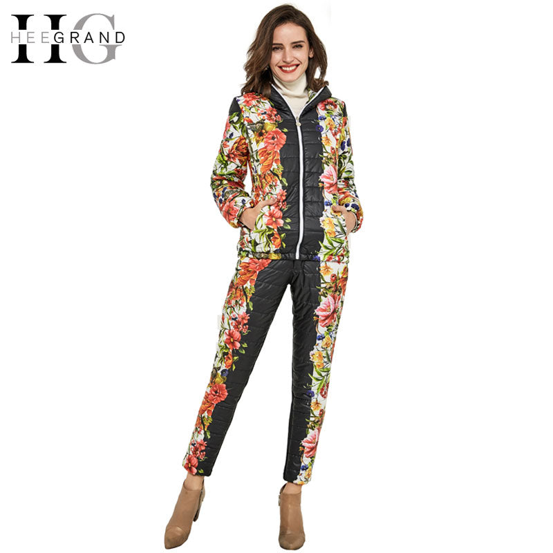 HEE GRAND 2018 Winter Jacket Women Casual Flower Printed Hooded Warm Basic Parka Suits (Coat+Pants Sets ) Winter Outwear  WAT270 - YuppyCollections