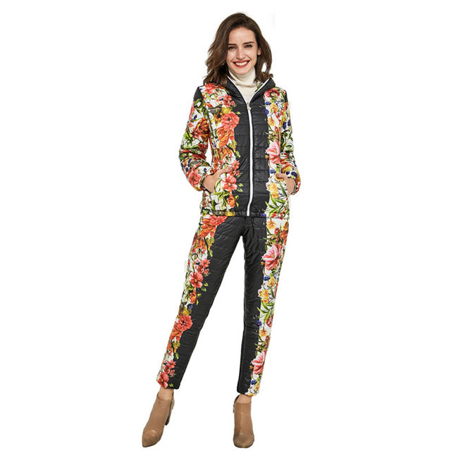 HEE GRAND 2018 Winter Jacket Women Casual Flower Printed Hooded Warm Basic Parka Suits (Coat+Pants Sets ) Winter Outwear  WAT270 - YuppyCollections