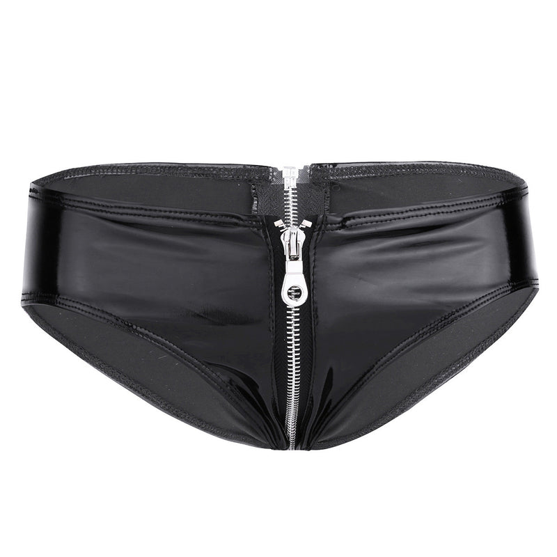 #S-XL Black Womens Lingerie Shiny Patent Leather Zipper Crotch Low Rise Bikini Briefs Underwear Underpants - YuppyCollections