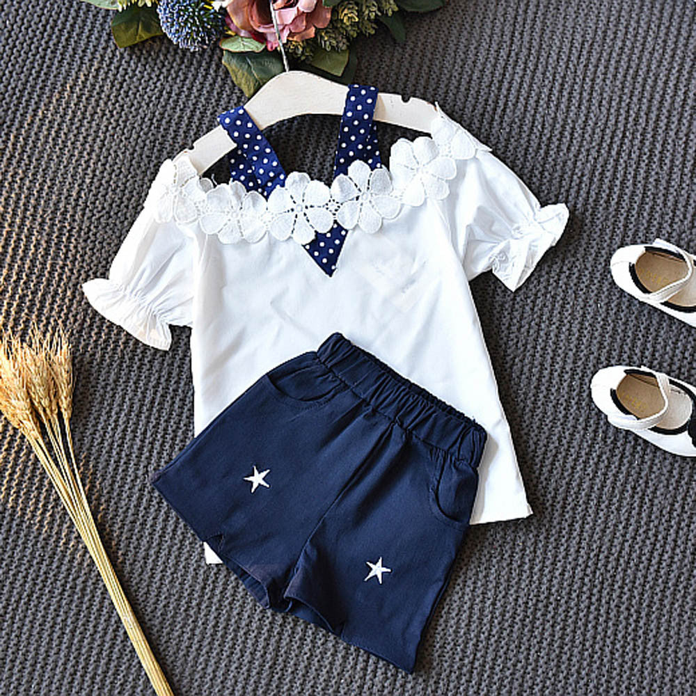 Toddler Baby Kids Girls Outfits Clothes Dot Lace T-shirt Tops+Shorts Pants Set - YuppyCollections