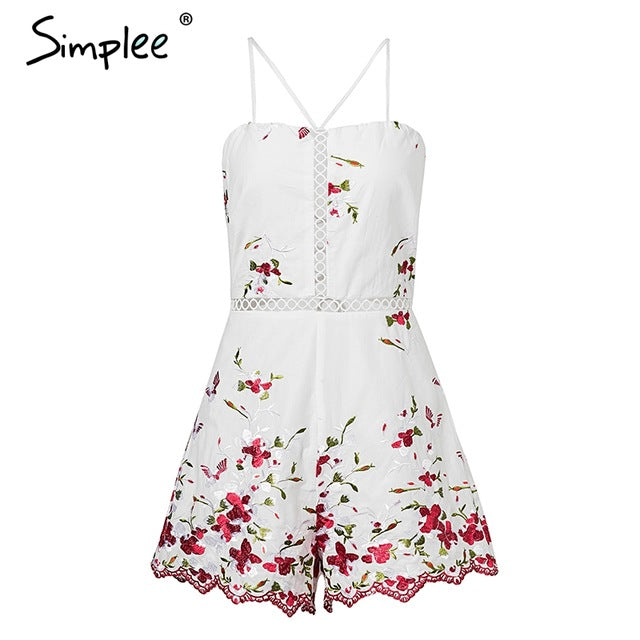 Simplee Lace up floral embroidery rompers Women jumpsuit Sexy strap backless playsuit 2018 Vintage black summer macacao feminino - YuppyCollections