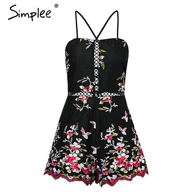 Simplee Lace up floral embroidery rompers Women jumpsuit Sexy strap backless playsuit 2018 Vintage black summer macacao feminino - YuppyCollections