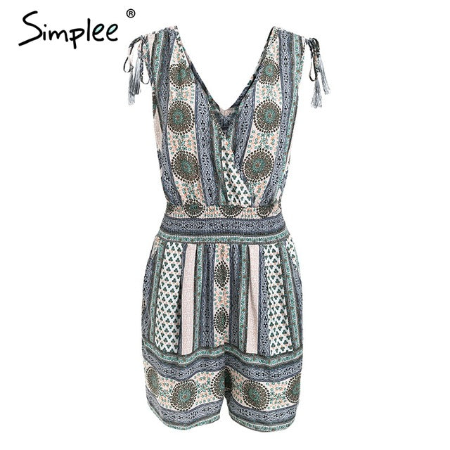 Simplee Sexy v neck short jumpsuit romper women Sleeveless tassel beach playsuit 2018 Smocking waist print summer romper macacao - YuppyCollections