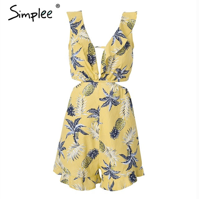 Simplee Sexy deep v neck print jumpsuit Ruffle backless casual rompers women overalls Hollow out beach summer playsuit female - YuppyCollections