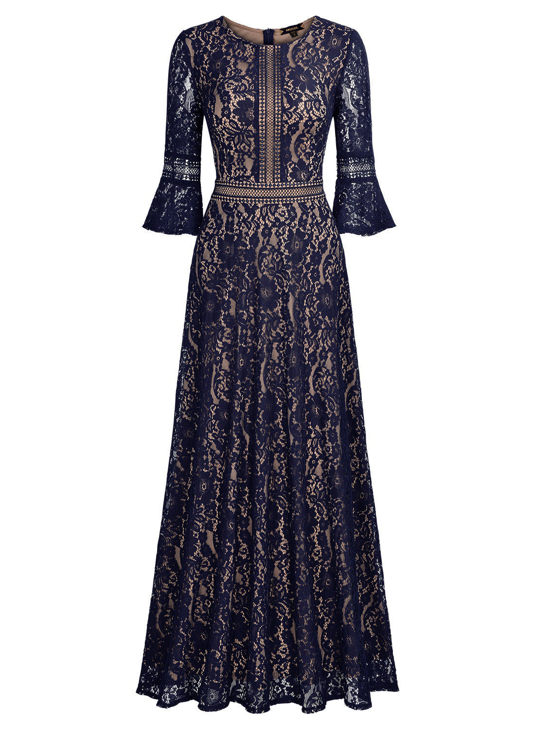 Vintage Full Lace Contrast Bell Sleeve A-Line Maxi Dress - YuppyCollections