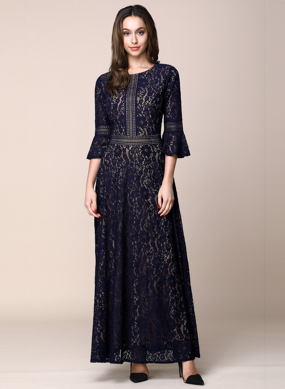 Vintage Full Lace Contrast Bell Sleeve A-Line Maxi Dress - YuppyCollections