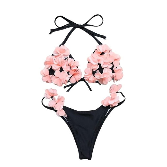 Two Piece Set Top And Pants Women 3D Flower Appliques Patchwork Sexy Bra Set Push-Up Halter Bikini Brazilian Swimwear Biquinis - YuppyCollections