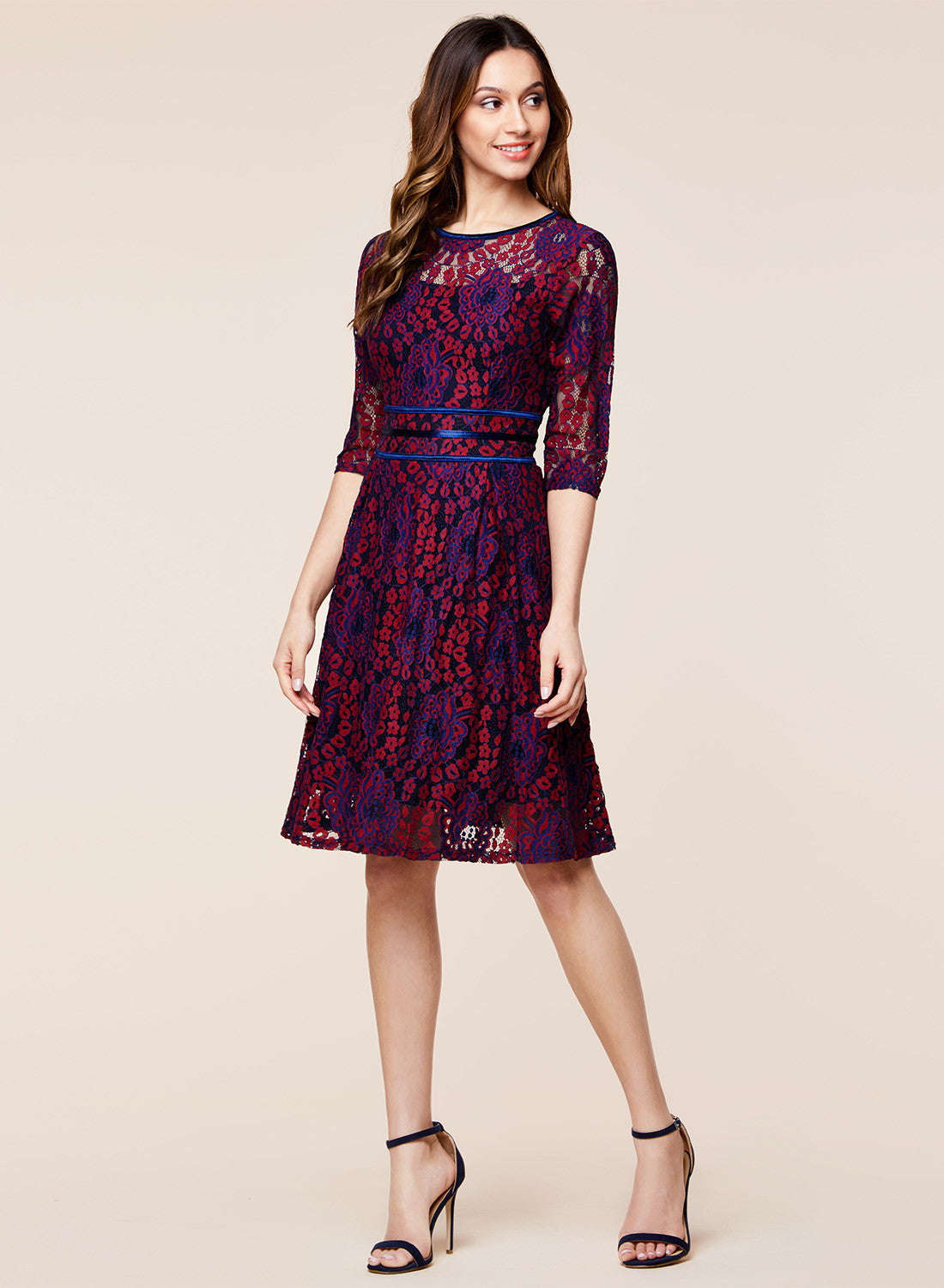 Vintage Floral Lace 2/3 Sleeve Cocktail Evening Party Dress - YuppyCollections