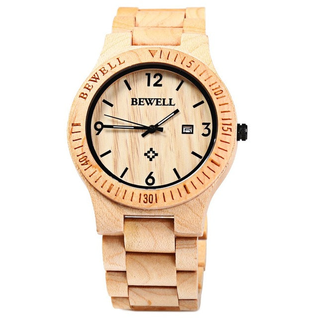 2018 Hot Sell Men Dress Watch BEWELL Men Wooden Quartz Watch with Calendar Display Bangle Natural Wood Watches Gifts Relogio - YuppyCollections