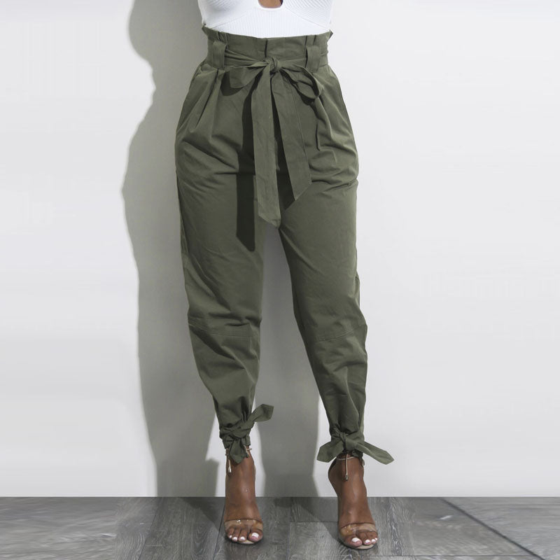 Women Trousers 2018 Summer Harem Pants Elastic High Waist OL Long Pantalon Femme Belt Pencil Spodnie Damskie Knotted Trousers - YuppyCollections