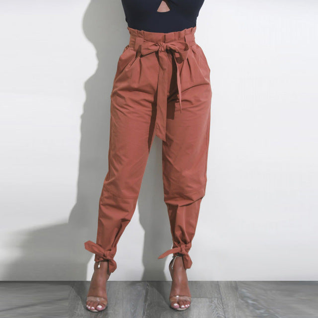 Women Trousers 2018 Summer Harem Pants Elastic High Waist OL Long Pantalon Femme Belt Pencil Spodnie Damskie Knotted Trousers - YuppyCollections