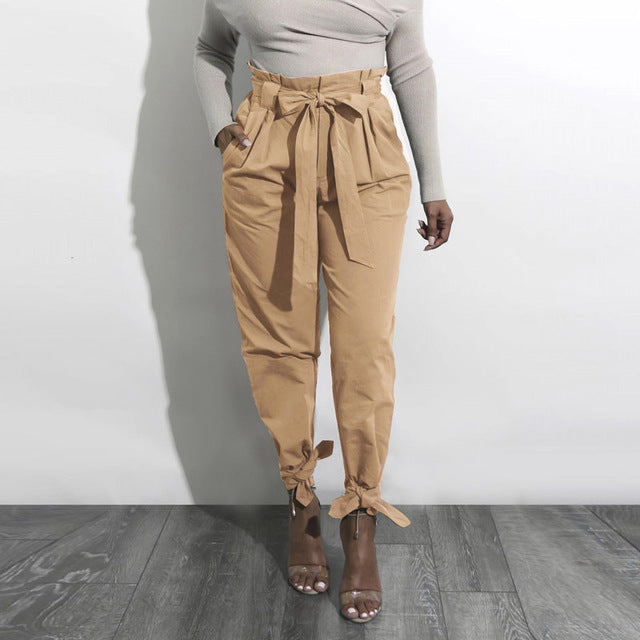 Women Trousers 2018 Summer Harem Pants Elastic High Waist OL Long Pantalon Femme Belt Pencil Spodnie Damskie Knotted Trousers - YuppyCollections