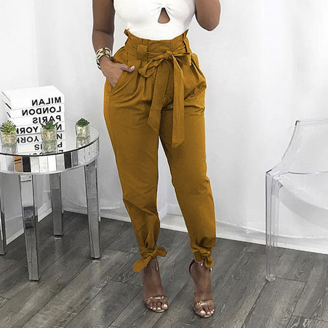 Women Trousers 2018 Summer Harem Pants Elastic High Waist OL Long Pantalon Femme Belt Pencil Spodnie Damskie Knotted Trousers - YuppyCollections