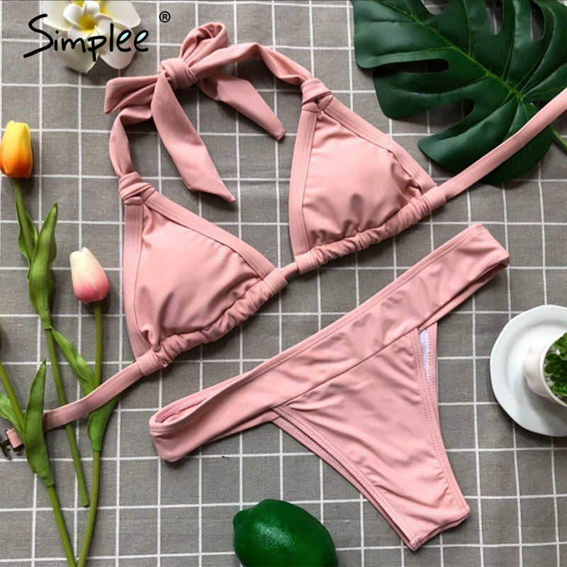 Simplee Halter padded beach bra set Lycar sexy underwear women lingerie set Backless tie up intimates Summer push up bra - YuppyCollections