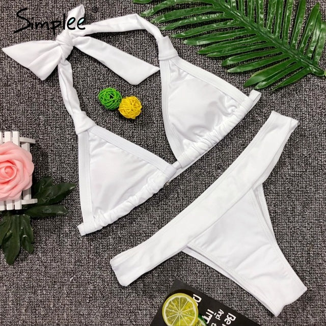 Simplee Halter padded beach bra set Lycar sexy underwear women lingerie set Backless tie up intimates Summer push up bra - YuppyCollections