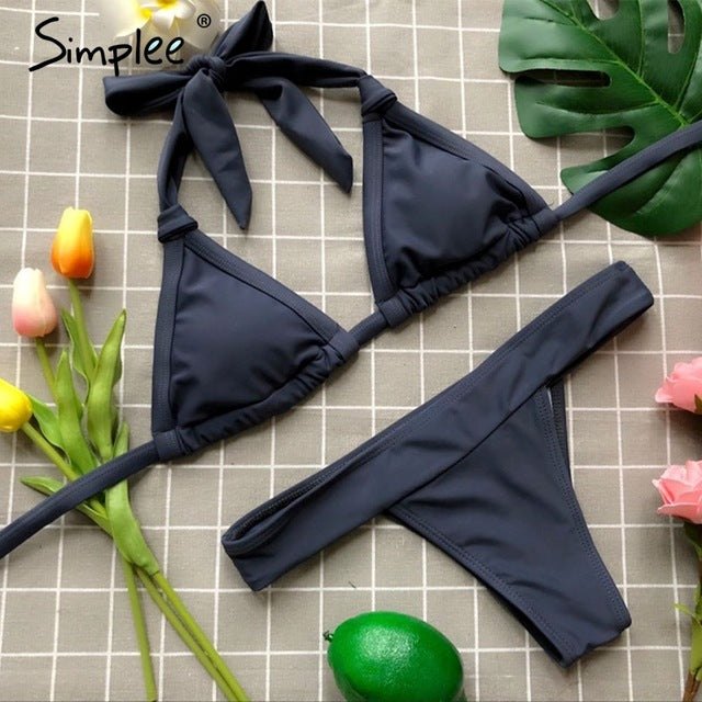 Simplee Halter padded beach bra set Lycar sexy underwear women lingerie set Backless tie up intimates Summer push up bra - YuppyCollections