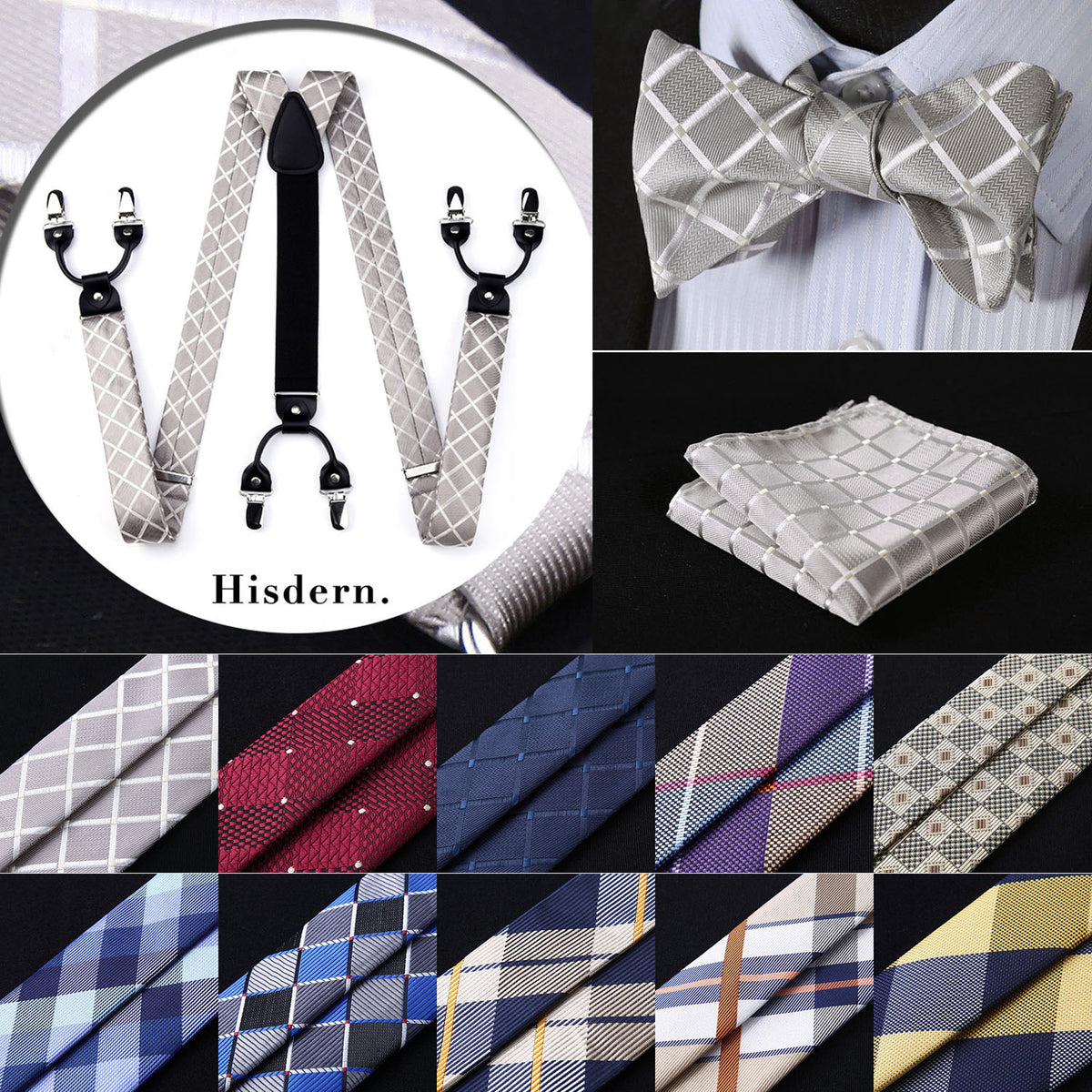 Check&plaid Various Classic Braces 6 Clips Suspenders  Self Bowtie and Pocket Square Set #S2 - YuppyCollections