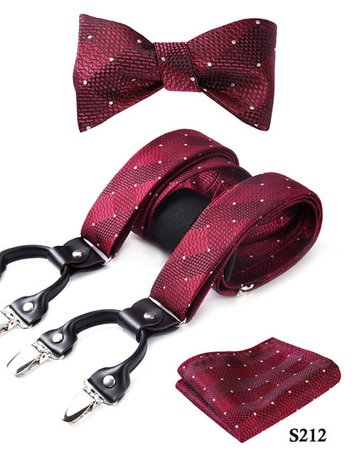 Check&plaid Various Classic Braces 6 Clips Suspenders  Self Bowtie and Pocket Square Set #S2 - YuppyCollections