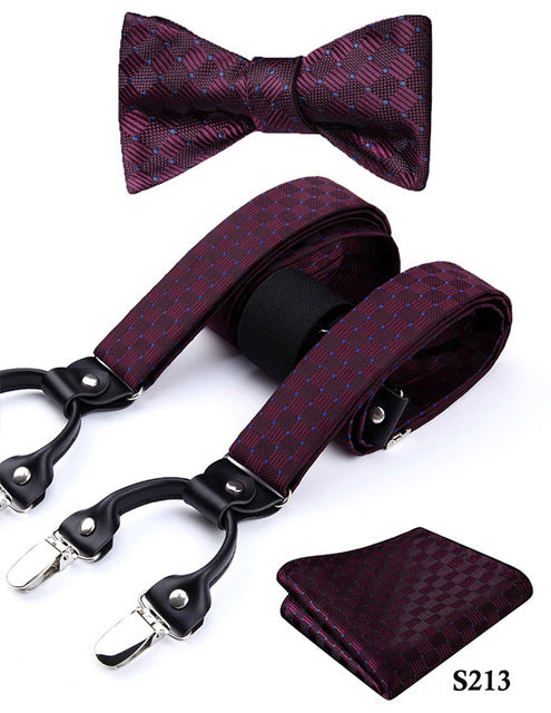 Check&plaid Various Classic Braces 6 Clips Suspenders  Self Bowtie and Pocket Square Set #S2 - YuppyCollections