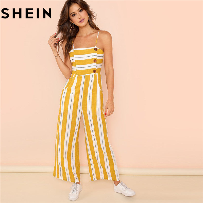 SHEIN Ginger Striped Wide Leg High Waist Casual Cami Jumpsuit Office Girls 2018 Summer Sleeveless Vacation Jumpsuits Long Pants - YuppyCollections
