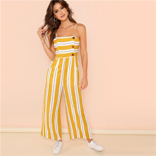 SHEIN Ginger Striped Wide Leg High Waist Casual Cami Jumpsuit Office Girls 2018 Summer Sleeveless Vacation Jumpsuits Long Pants - YuppyCollections