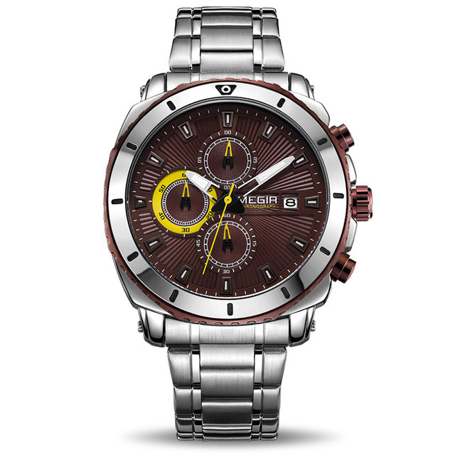 Luxury Men Business Quartz Watches MEGIR Brand Stainless Steel Band Waterproof Chronograph Sports Male Wrist Watch Clock New - YuppyCollections