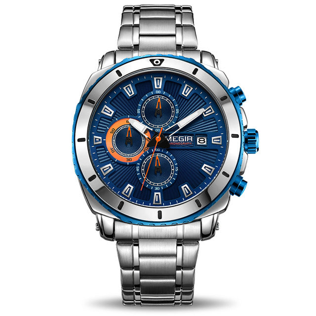 Luxury Men Business Quartz Watches MEGIR Brand Stainless Steel Band Waterproof Chronograph Sports Male Wrist Watch Clock New - YuppyCollections