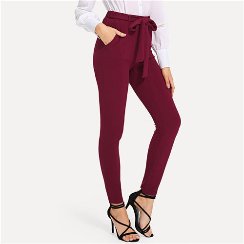 SHEIN Burgundy Elegant Self Tie Solid Skinny Knot Elastic Mid Waist Pants Spring Fall Women Weekend Casual Trousers - YuppyCollections