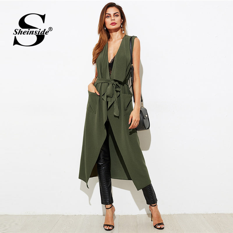 Sheinside Green Waterfall Sleeveless Coats Office Ladies Long Plain Stretch Pocket Regular Fit 2018 Women Summer Elegant Vest - YuppyCollections