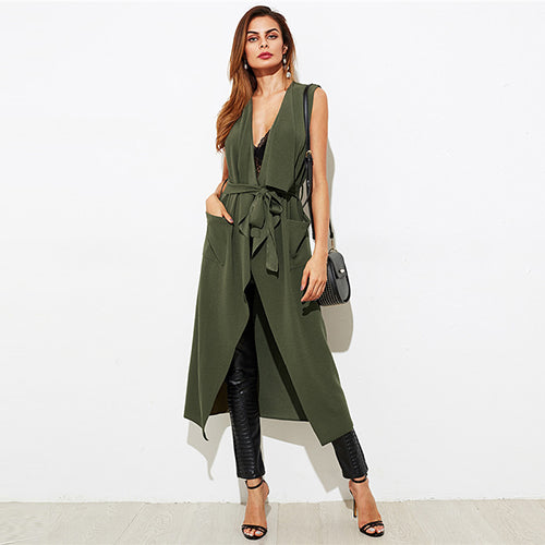 Sheinside Green Waterfall Sleeveless Coats Office Ladies Long Plain Stretch Pocket Regular Fit 2018 Women Summer Elegant Vest - YuppyCollections