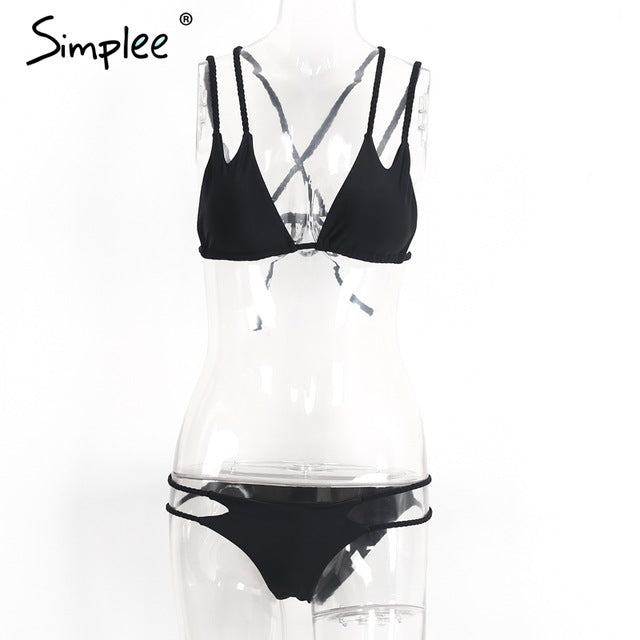 Simplee Sexy solid top thong intimate brief set Women back bandage  tie up lingerie set Bathing summer beach wear women 2018 - YuppyCollections