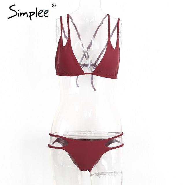 Simplee Sexy solid top thong intimate brief set Women back bandage  tie up lingerie set Bathing summer beach wear women 2018 - YuppyCollections