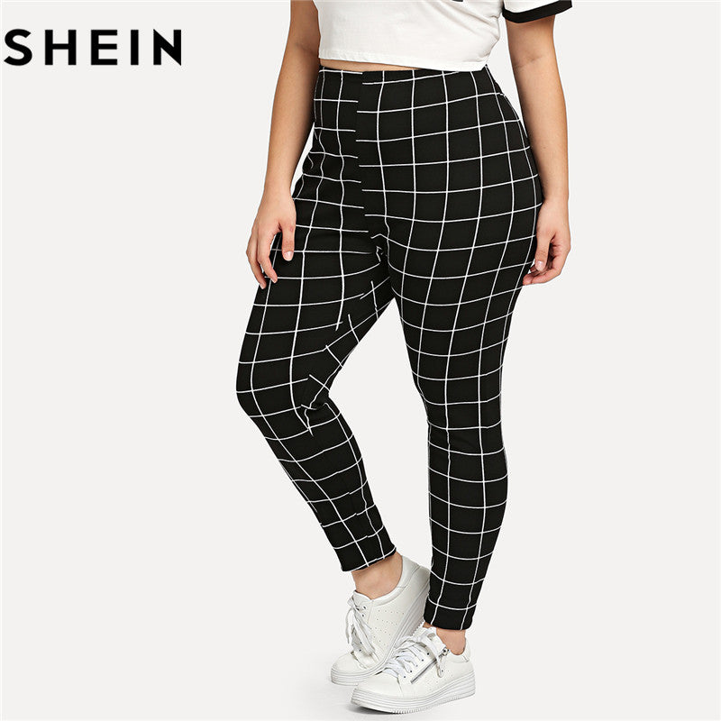 SHEIN Black And White Plaid Plus Size Fitness Women Work Out Leggings Spring Autumn Grid Print Skinny Long Casual Legging - YuppyCollections