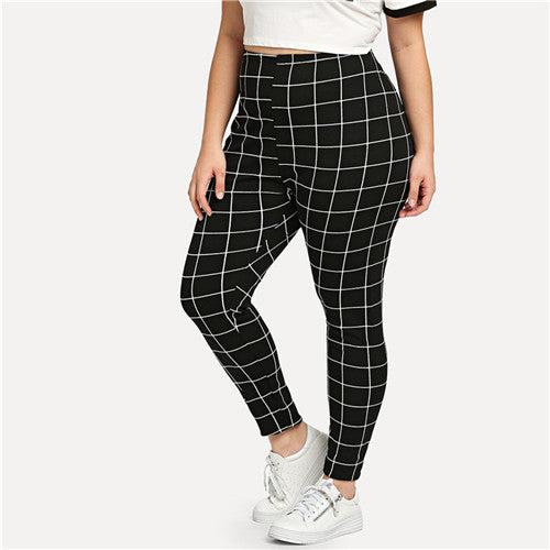 SHEIN Black And White Plaid Plus Size Fitness Women Work Out Leggings Spring Autumn Grid Print Skinny Long Casual Legging - YuppyCollections
