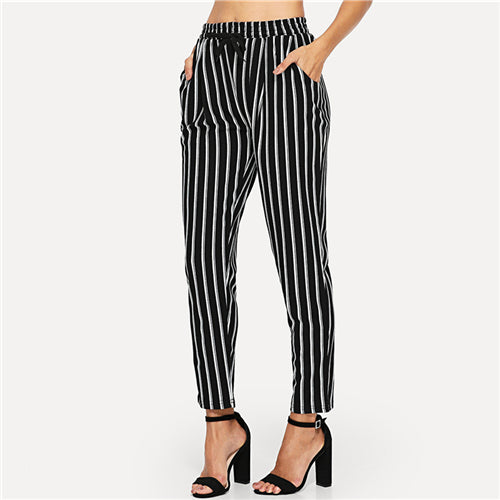 Sheinside Vertical Striped Mid Waist Workwear Pants Stretchy Tapered OL Elegant 2018 Women Autumn Casual Pants - YuppyCollections