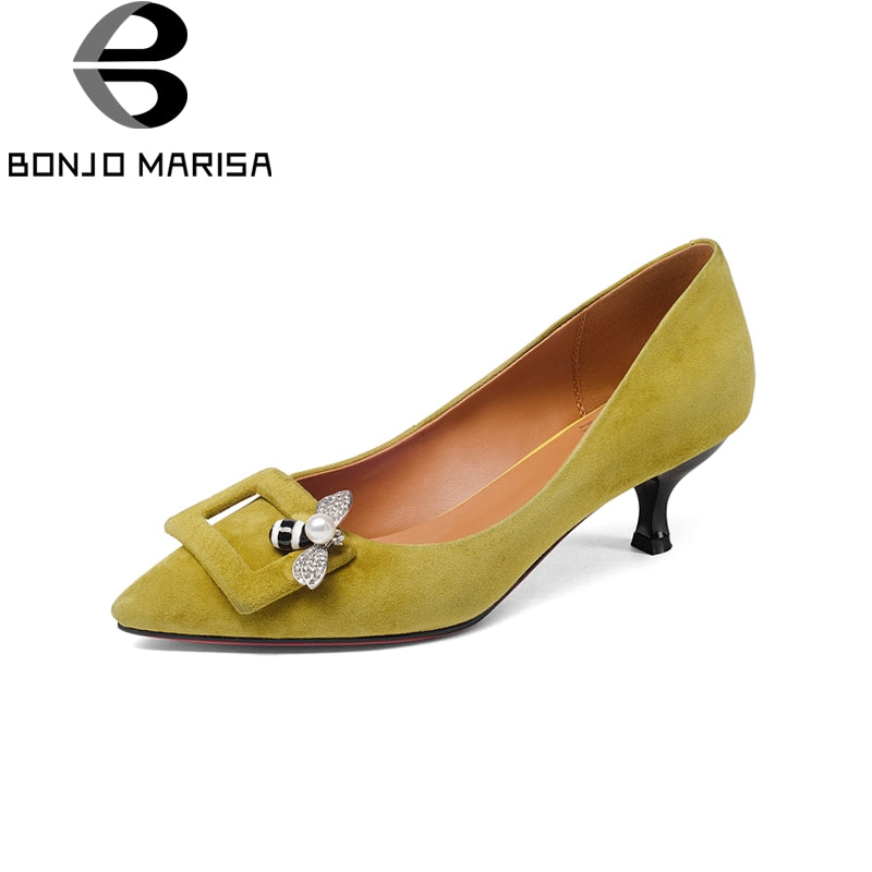 BONJOMARISA Brand New Pointed Toe Genuine Natural Suede Thin Med Heels Shoes Woman Fashion Spring Solid Pumps Large Size 33-43 - YuppyCollections