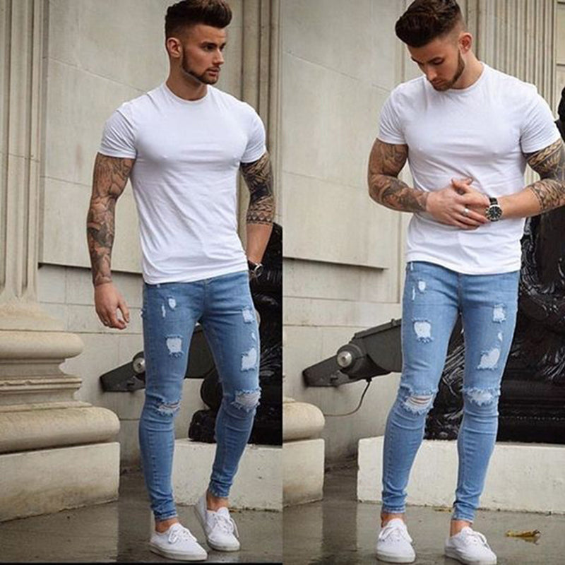 slim fit with Pleated Washed streetwear jeans 2018 skinny blue Jeans Trousers for Man New Men Ripped holes Denim jeans pants men - YuppyCollections