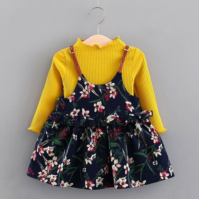 Bear Leader Girls Dress 2018 New Autumn Baby Girls Blouse Flowers Print Dress+Crew Neck Shirts 2PCS Children Clothing For 6-24M - YuppyCollections