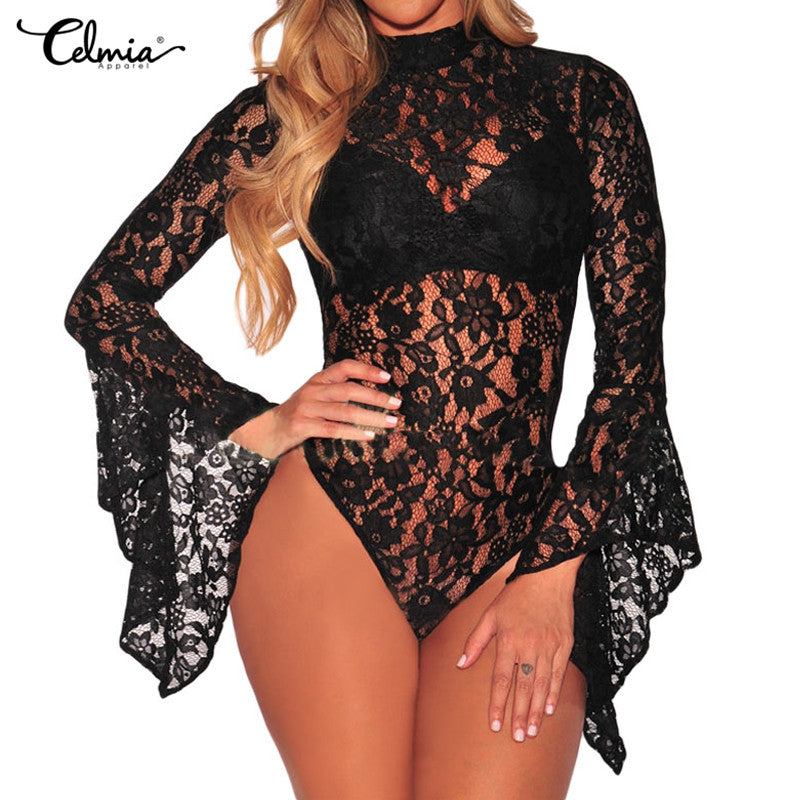 Celmia Sexy Bodysuit Lace Body Women Jumpsuits 2018 Printed Backless Rompers Flare Sleeve See Through Bodycon Tops Plus Size - YuppyCollections