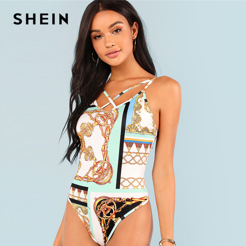 SHEIN Multicolor Chain Print Skinny Bodysuit Casual Sexy Spaghetti Strap Mid Waist Bodysuits Women Sleeveless Summer Bodysuit - YuppyCollections