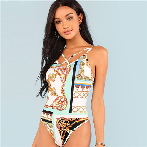 SHEIN Multicolor Chain Print Skinny Bodysuit Casual Sexy Spaghetti Strap Mid Waist Bodysuits Women Sleeveless Summer Bodysuit - YuppyCollections