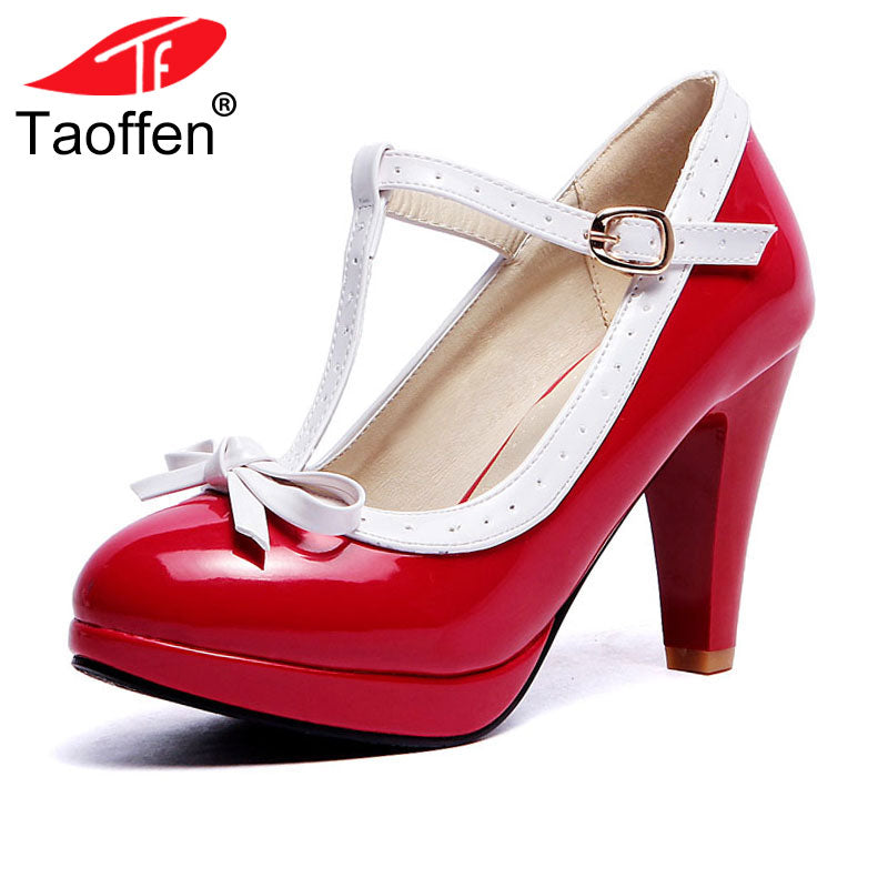 TAOFFEN Plus Size 32-48 Women Summer high heels shoes Woman t-strap bowknot pumps lady platform daily work dress Footwear - YuppyCollections