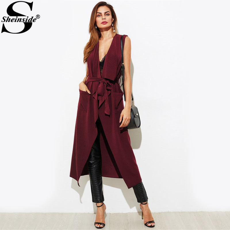 Sheinside Burgundy Patch Sleeveless Trench Coat Waterfall Belt Women Long Vest Shawl Collar Office Ladies Autumn Elegant Outer - YuppyCollections