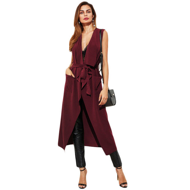 Sheinside Burgundy Patch Sleeveless Trench Coat Waterfall Belt Women Long Vest Shawl Collar Office Ladies Autumn Elegant Outer - YuppyCollections