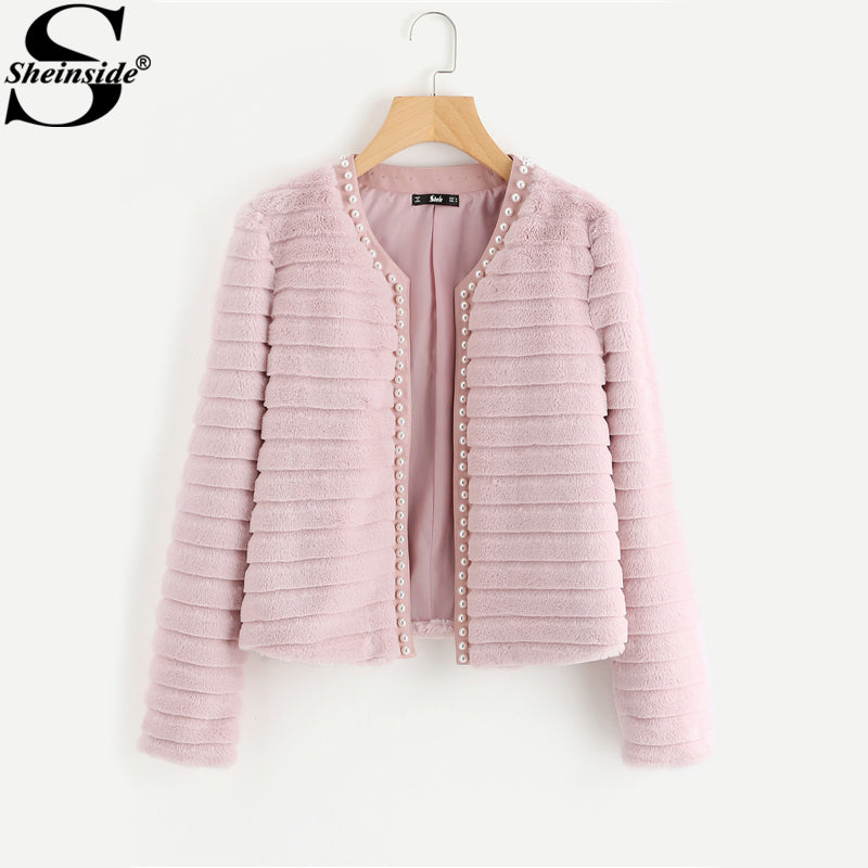 Sheinside Pink Pear Beading Textured Faux Fur Coat Winter Collarless Cute Outer With Lining Women's Elegant Coat - YuppyCollections
